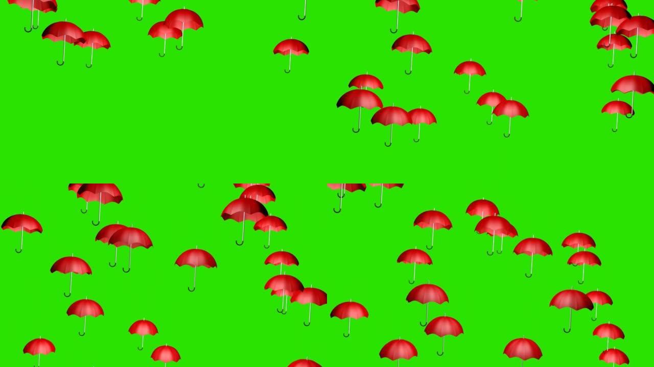 绿色屏幕上的红色雨伞雨。3D动画