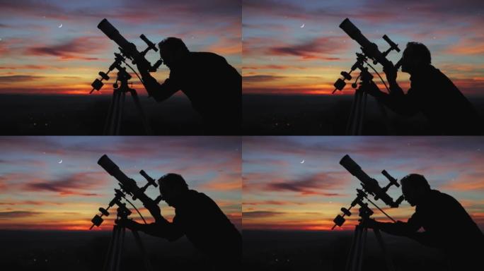 一个人的剪影，望远镜，恒星，行星和夜空下的流星。