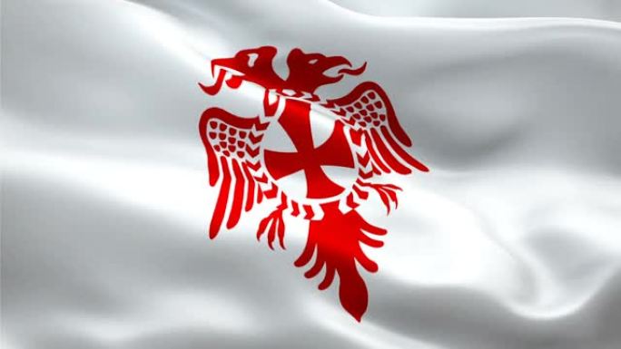阿尔巴尼亚东正教旗帜。阿尔巴尼亚东正教会耶稣基督挥舞旗帜的背景视频在风中飘扬。现实的红色拉丁十字背景