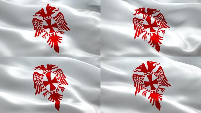 阿尔巴尼亚东正教旗帜。阿尔巴尼亚东正教会耶稣基督挥舞旗帜的背景视频在风中飘扬。现实的红色拉丁十字背景