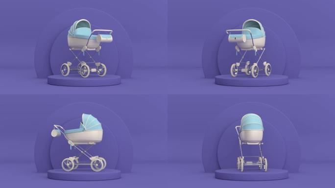 4k分辨率视频: 现代蓝色婴儿车、婴儿车旋转紫色非常Peri圆柱体产品舞台基座紫色非常Peri背景循