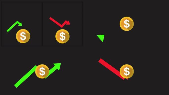 美元利润的减少或增加。货币和增长向上或向下箭头。商业上的成功。4k分辨率视频、运动镜头