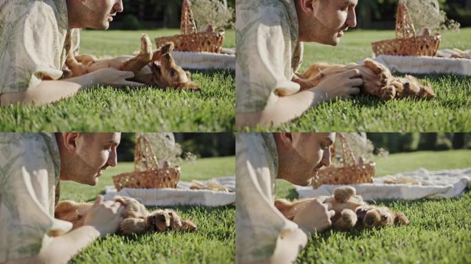 玩小狗快乐的男孩躺在绿草地上玩狗可卡犬野餐动物的爱