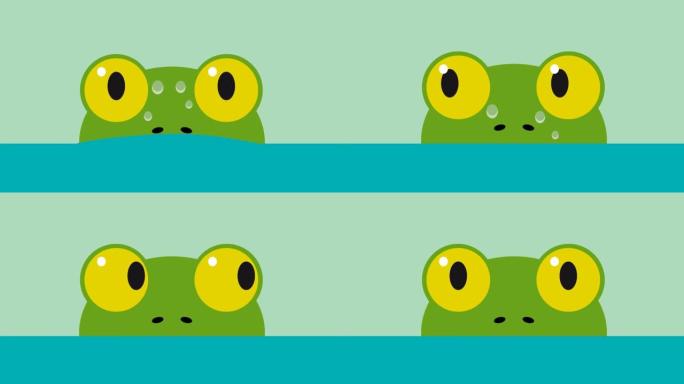 青蛙从池塘里出来，凝视着自己。动画插图
