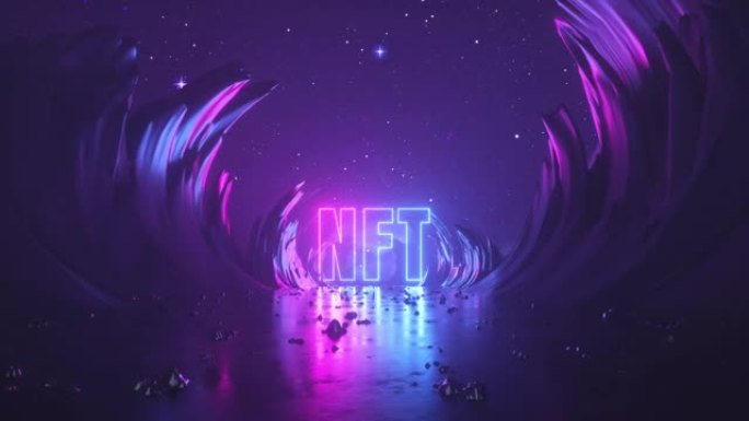 循环3d动画，抽象背景。星空下发光的霓虹灯NFT字母的宇宙景观。通过岩石走廊向前飞行，虚拟现实内部的