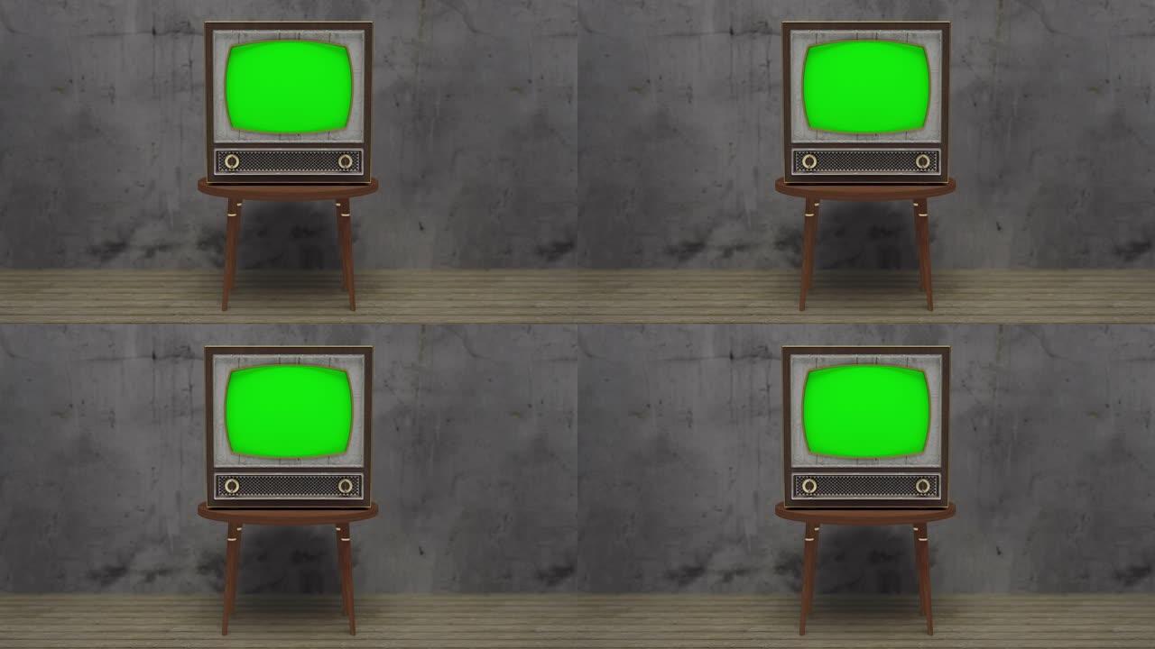 旋转电视动画，故障和绿色屏幕打开和关闭4k复古
