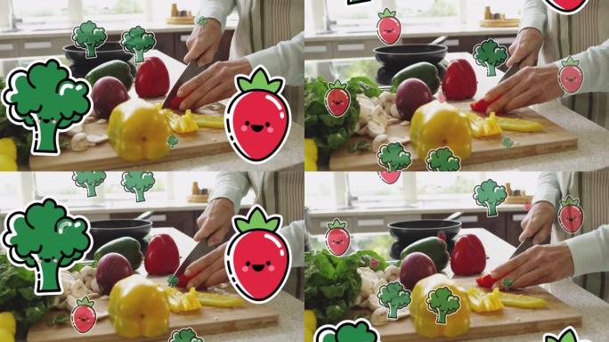 白人妇女切蔬菜上的蔬菜图标动画
