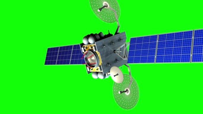 太空激光武器。背景上的绿色屏幕，虚构的军事卫星在行星轨道上拍摄来自科幻枪，3d动画。