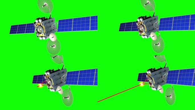 太空激光武器。背景上的绿色屏幕，虚构的军事卫星在行星轨道上拍摄来自科幻枪，3d动画。