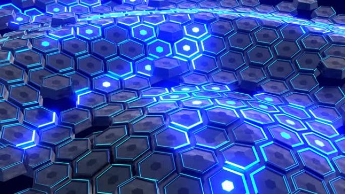 科幻技术背景，未来派科幻六边形波浪用霓虹灯发光。3D渲染动画
