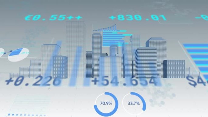 基于灰色背景的3d建筑模型上的统计数据处理的数字动画