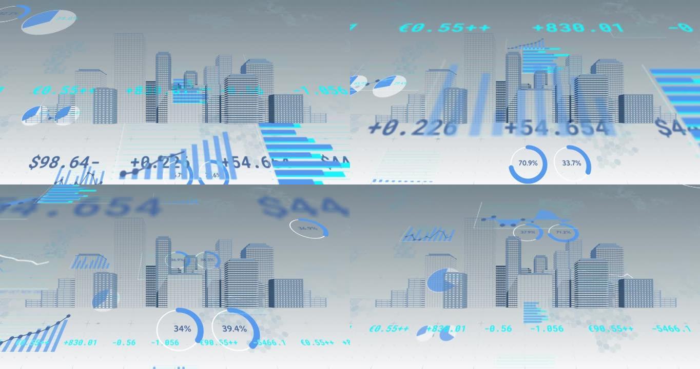 基于灰色背景的3d建筑模型上的统计数据处理的数字动画