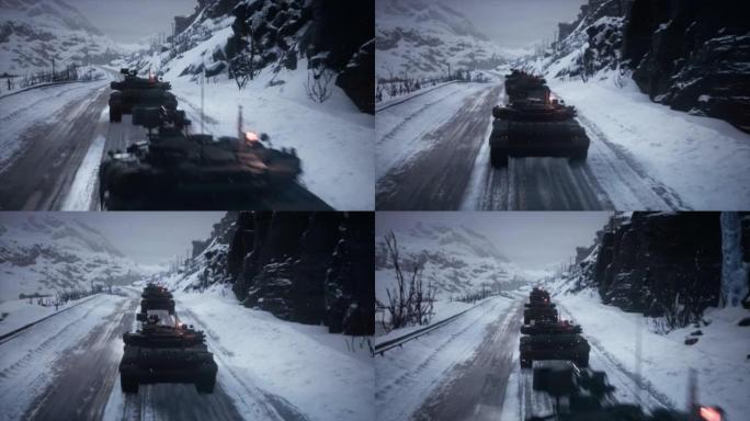 一个军事化的大气层，坦克在冬天的条件下。冬天，积雪覆盖的山路。这部动画非常适合作为战争、军用车辆和军