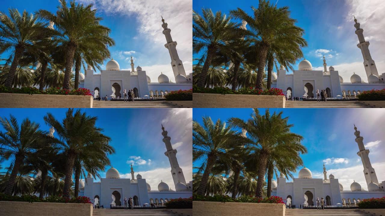 阿布扎比大清真寺前棕榈树入口4k延时阿联酋