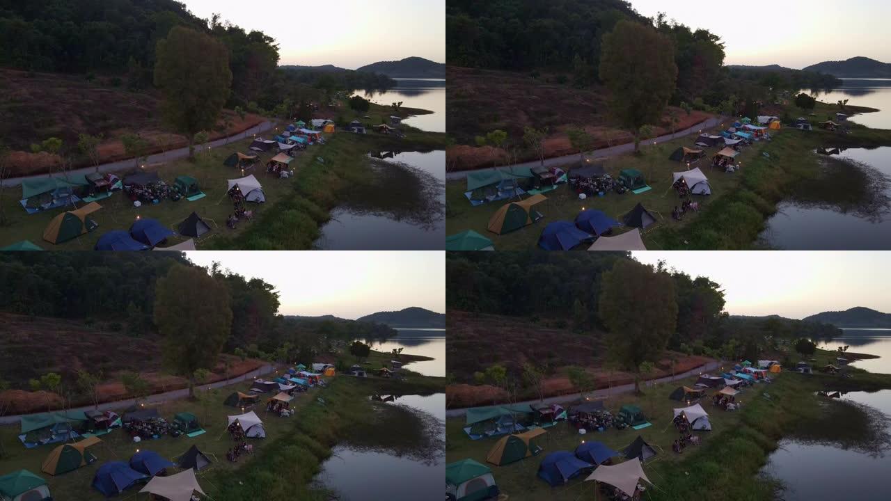 河边露营的鸟瞰图宣传片实拍视频素材
