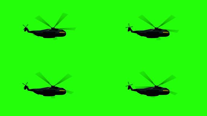 直升机图标，螺旋桨在绿色背景上旋转