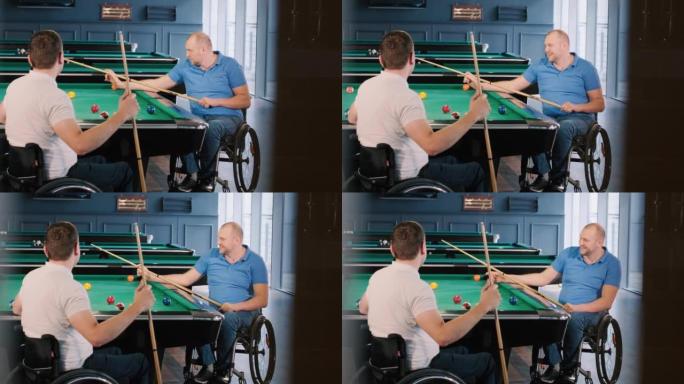 一个身体有残疾，坐轮椅的人在俱乐部里打台球