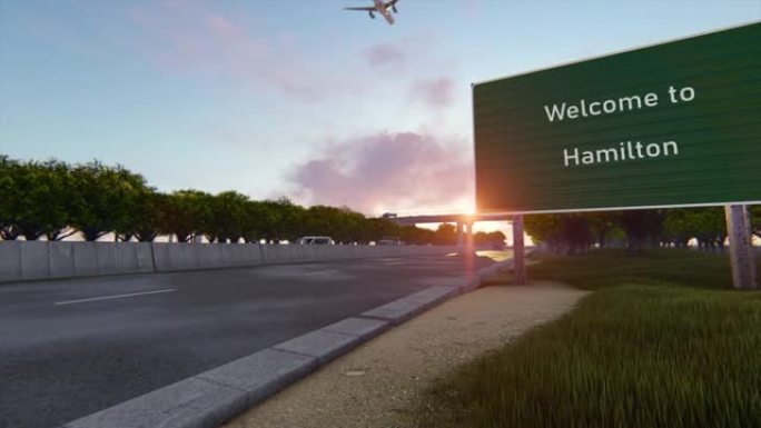 欢迎来到汉密尔顿，欢迎汉密尔顿高速公路上的路标。高速公路场景动画