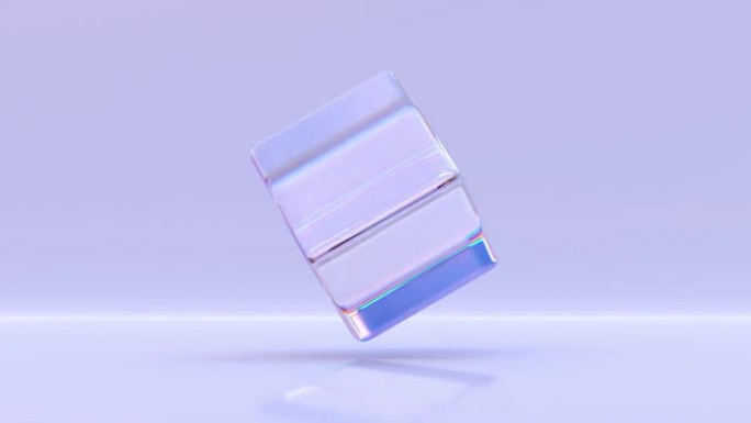 彩虹色晶体立方体或玻璃中具有光线折射效应的块。运动中的彩虹透明方盒丙烯酸或有机玻璃，紫色背景上的色散