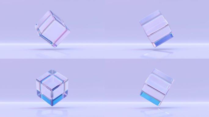 彩虹色晶体立方体或玻璃中具有光线折射效应的块。运动中的彩虹透明方盒丙烯酸或有机玻璃，紫色背景上的色散