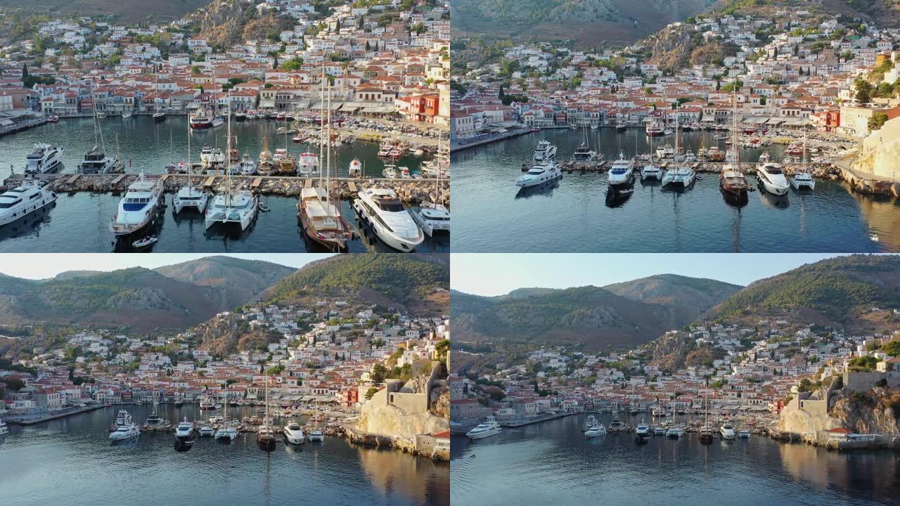 希腊九头蛇老城和码头或海港的鸟瞰图-无人机摄像