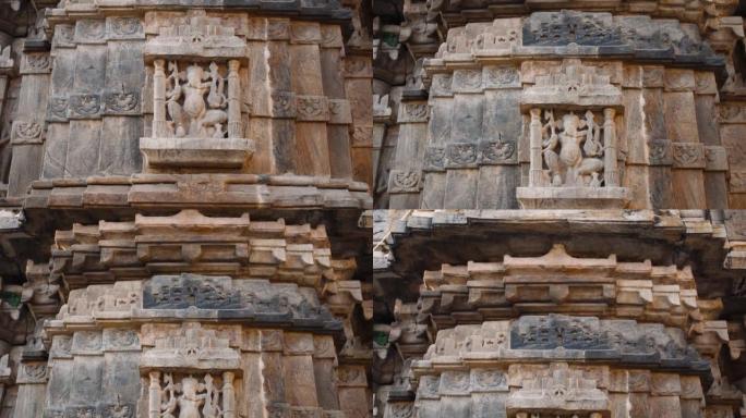 印度拉贾斯坦邦乌代普尔贾格迪什神庙墙上雕刻的甘尼萨勋爵雕塑特写视频。印度建筑和古老的印度教寺庙墙壁雕