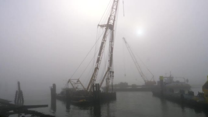雾中的港口活动。