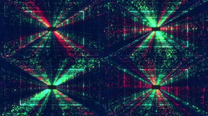 飞过未来主义的隧道。抽象3D动画。数据网络、虚拟现实、量子。照明走廊的概念，室内设计，宇宙飞船，银河