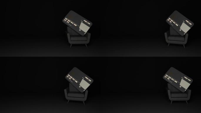 金融机会的概念黑色高级豪华信用卡模板模型银行信贷豪华扶手椅黑色背景与复制空间3d渲染