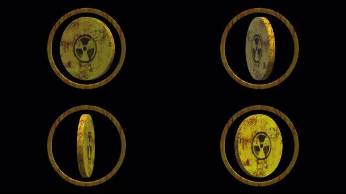 生锈的黄色涂漆金属放射性标志旋转。无缝循环动画