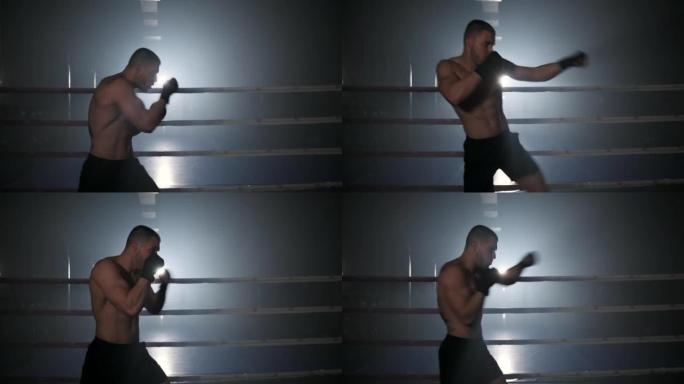 专业的男性跆拳道运动员在拳击场内的现代健身房中独自在室内进行训练。高质量4k镜头