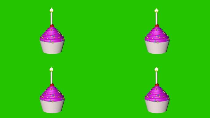 带有彩色五彩纸屑和樱桃的纸杯蛋糕，在粉红色背景上放置文字。特写。蜡烛的3D动画。