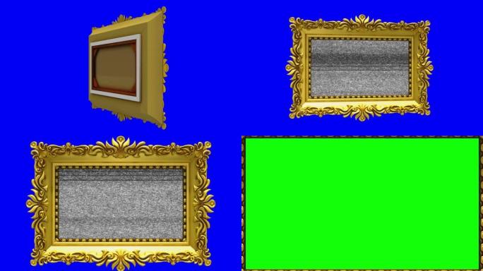 豪华金色相框在蓝色背景上旋转，色键。介绍电视噪音和绿屏，3d动画。