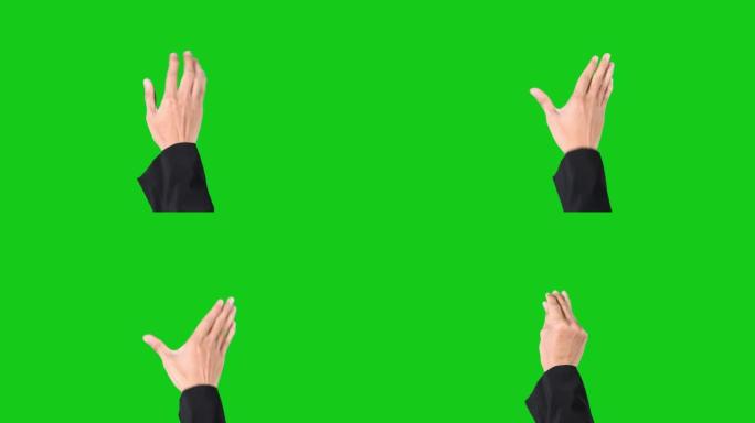 商人手放大和缩小触摸屏上的虚拟按钮，绿屏背景
