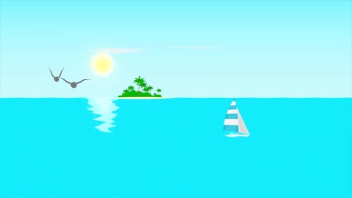 卡通海洋背景。带有岛屿和游艇的热带海洋景观动画