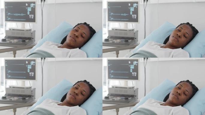 在医院病床上患有心力衰竭的非洲裔美国女性患者的肖像