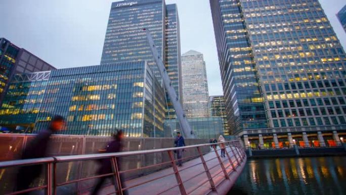 英国伦敦工人流动的摩天大楼办公商务大楼，英国，延时平移，放大和俯视图