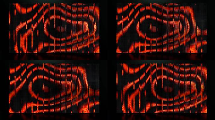 波浪横跨像素。3d抽象循环背景现代性能，许多灰色块形成墙壁或屏幕并点亮图案。灯泡开始像抽象花环一样发