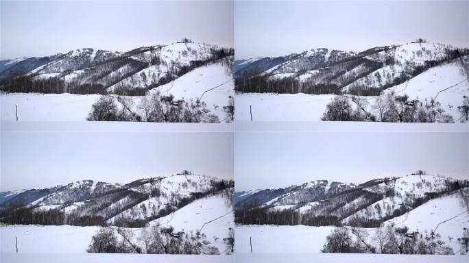 冬季景观，山丘被森林和大量积雪覆盖