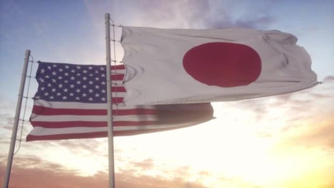 旗杆上插着日本和美国的国旗。日本和美国的旗帜在风中飘扬。美日外交理念