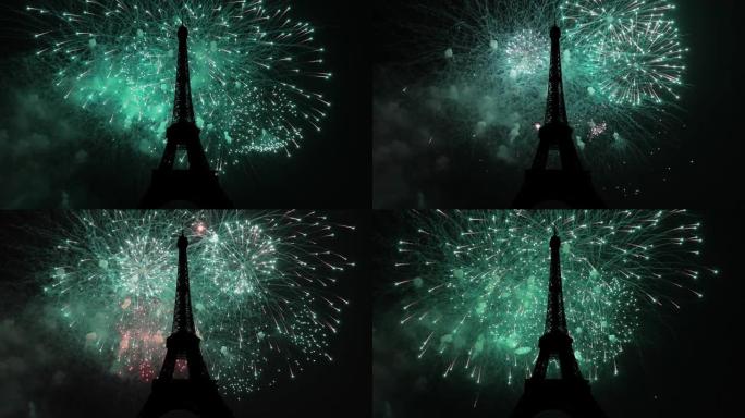 法国巴黎埃菲尔铁塔上的庆祝活动五颜六色的烟花