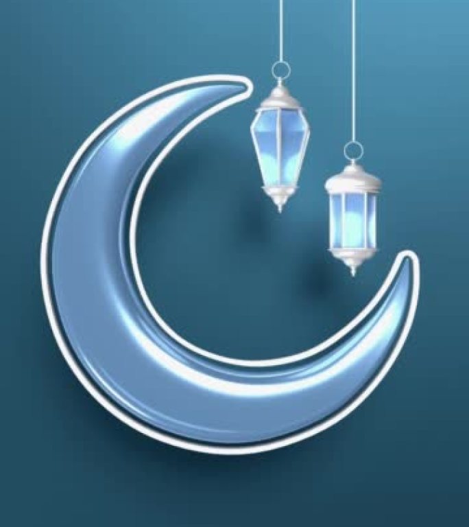 垂直Eid穆巴拉克贺卡设计，灯笼和月牙悬挂在4k分辨率的蓝色背景下