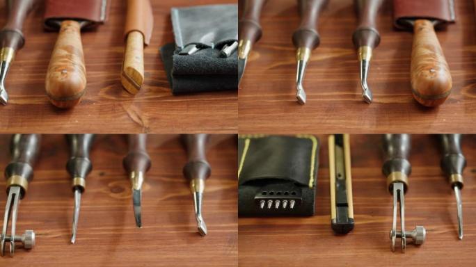 工匠的工具特写。工作场所餐桌上的人造革刀具、设备、真皮动物皮革手工制品。专业工作室。