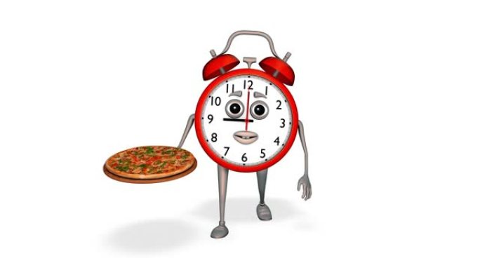 闹钟在白色背景上显示披萨循环