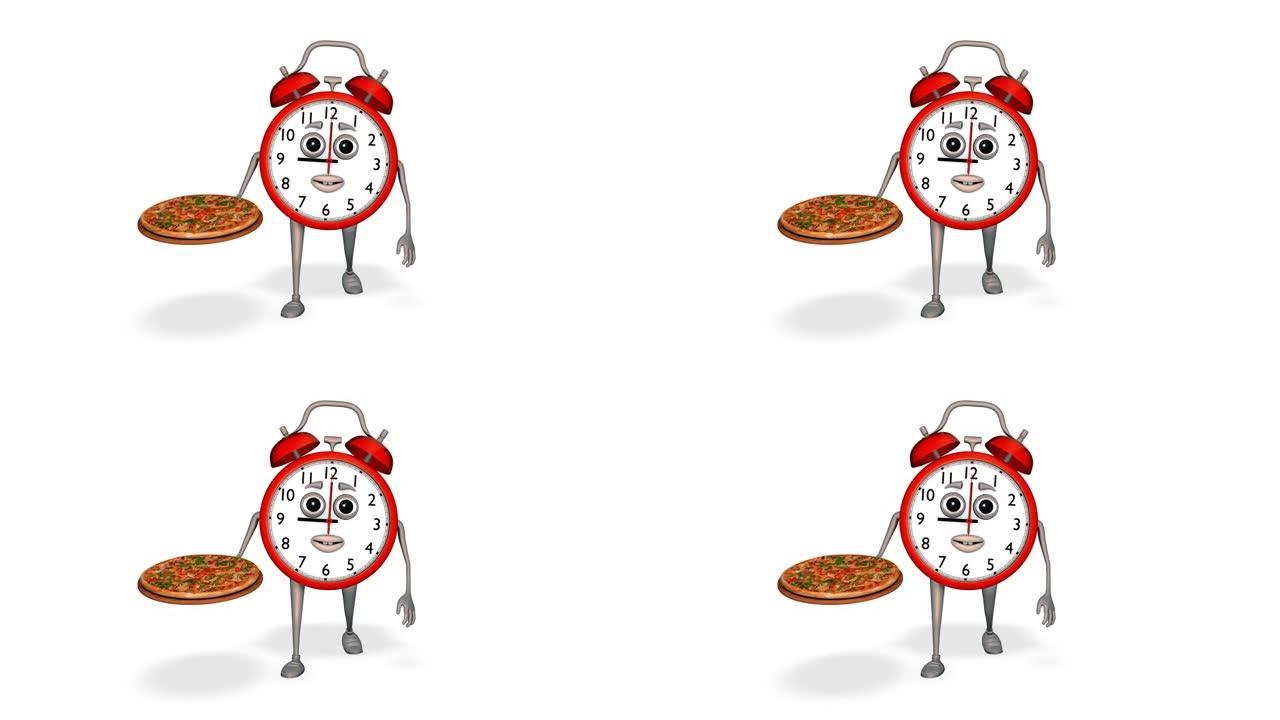 闹钟在白色背景上显示披萨循环