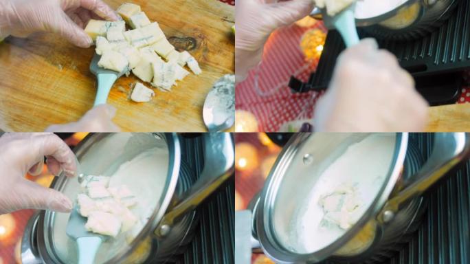 在沸腾的鲜奶油上放一勺发霉的奶酪。我们用霉菌烹饪奶油和奶酪酱