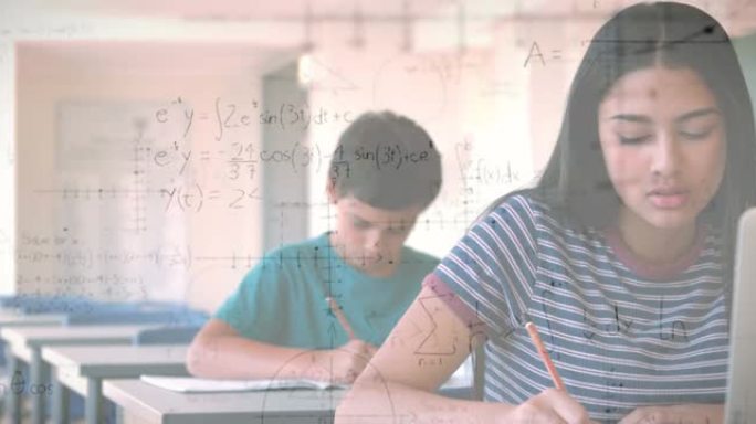 小学生在教室里写作的数学方程式动画