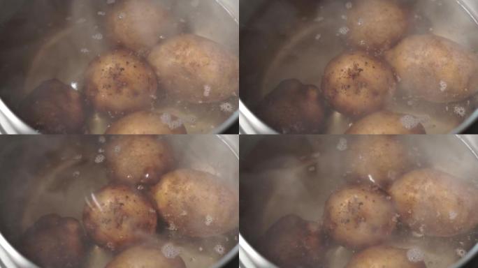 用热水煮土豆。健康食品。特写。选择性聚焦