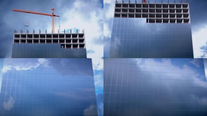 4k延时显示玻璃建筑立面的建造。建筑起重机在移动的云层背景上放下混凝土基础和玻璃板。在玻璃建筑立面中
