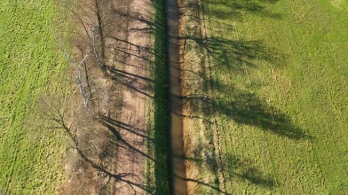 从德国北部的一条沟渠排水潮湿的沼泽草地上向后飞行的鸟瞰图